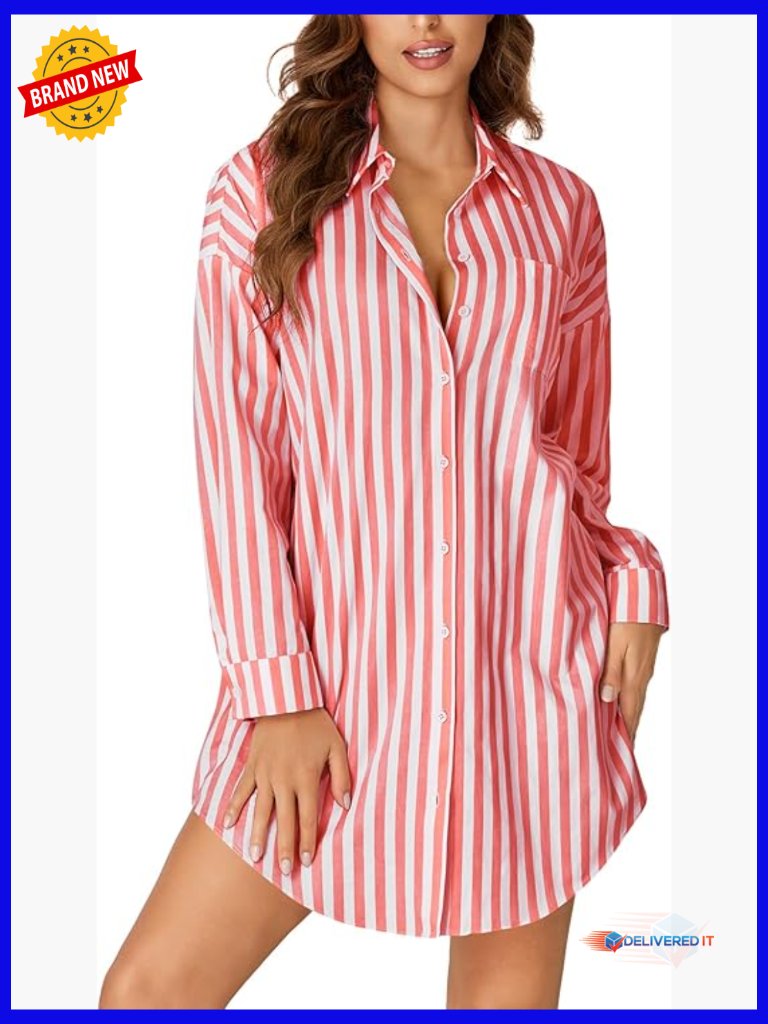 Long Sleeve V-Neck Button Down Nightshirt With Pocket